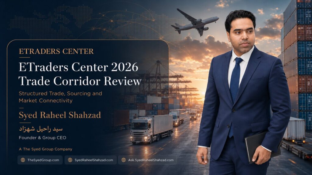 ETraders Center trade corridor review with founder Syed Raheel Shahzad — سيد راحيل شهزاد — representing sourcing, logistics and global market connectivity.
