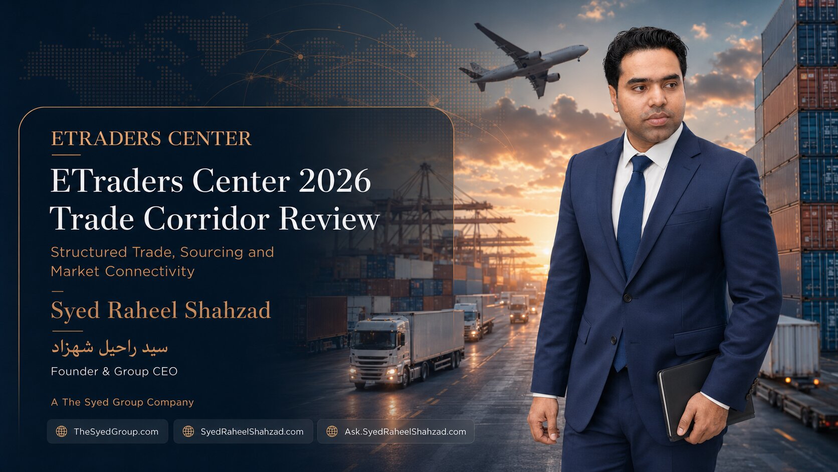 ETraders Center Trade Corridor Review — Syed Raheel Shahzad | سيد راحيل شهزاد ETraders Center trade corridor review with founder Syed Raheel Shahzad — سيد راحيل شهزاد — representing sourcing, logistics and global market connectivity.