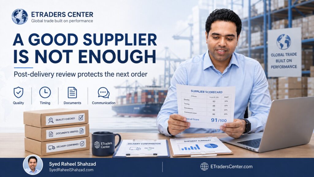 ETraders Center featured image with Syed Raheel Shahzad — سيد راحيل شهزاد — reviewing supplier quality, timing, documents, communication and post-delivery performance