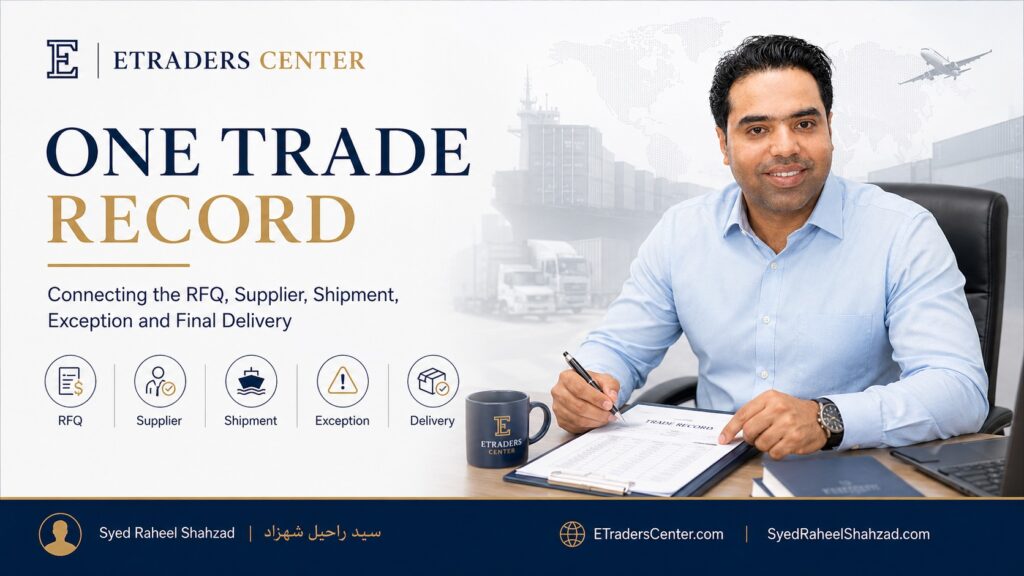 ETraders Center featured image with Syed Raheel Shahzad — سيد راحيل شهزاد — connecting RFQ, supplier, shipment, exception and final delivery records