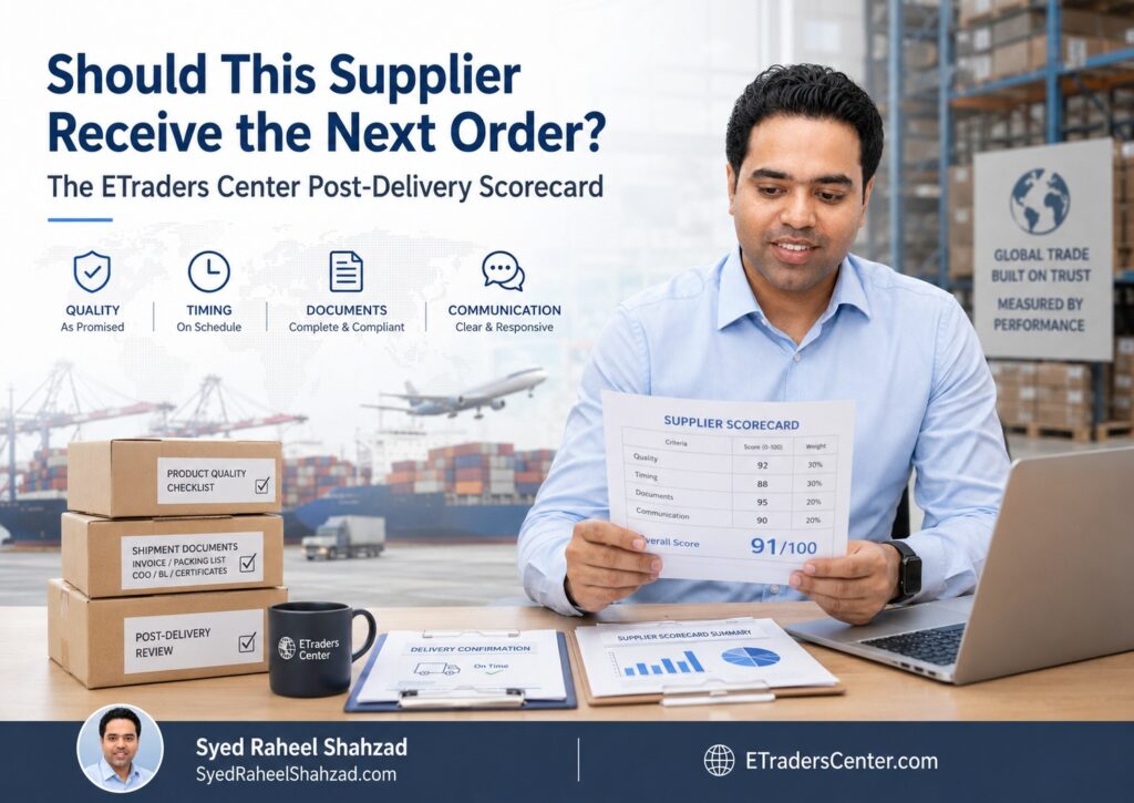 ETraders Center featured image showing Syed Raheel Shahzad reviewing supplier quality, delivery timing, shipment documents and post-delivery performance