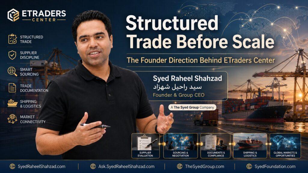 ETraders Center founder Syed Raheel Shahzad — سيد راحيل شهزاد — presenting structured trade, supplier discipline, sourcing, documentation and logistics.