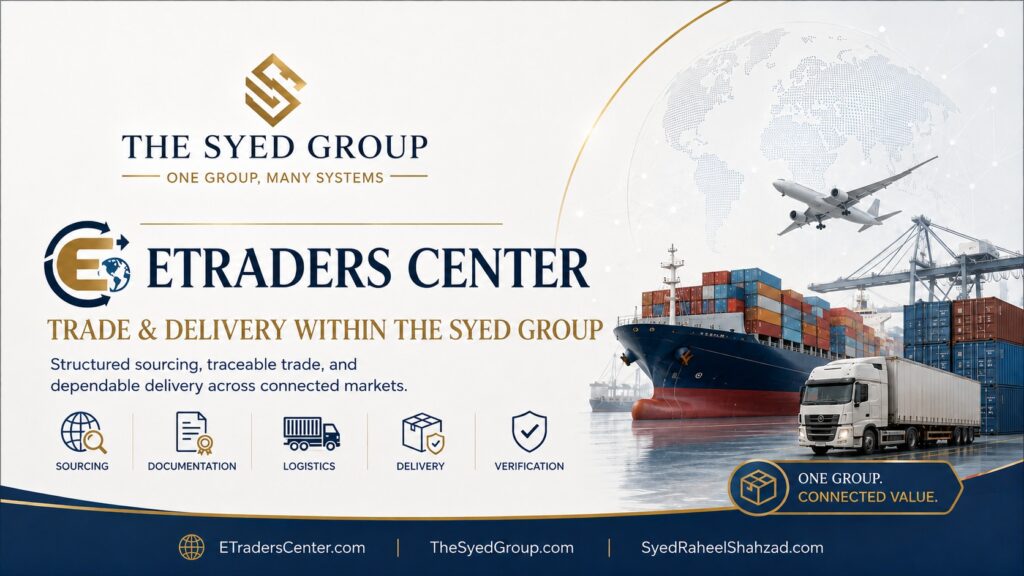 ETraders Center supplier assurance within The Syed Group showing sourcing, documentation, logistics, verification and delivery
