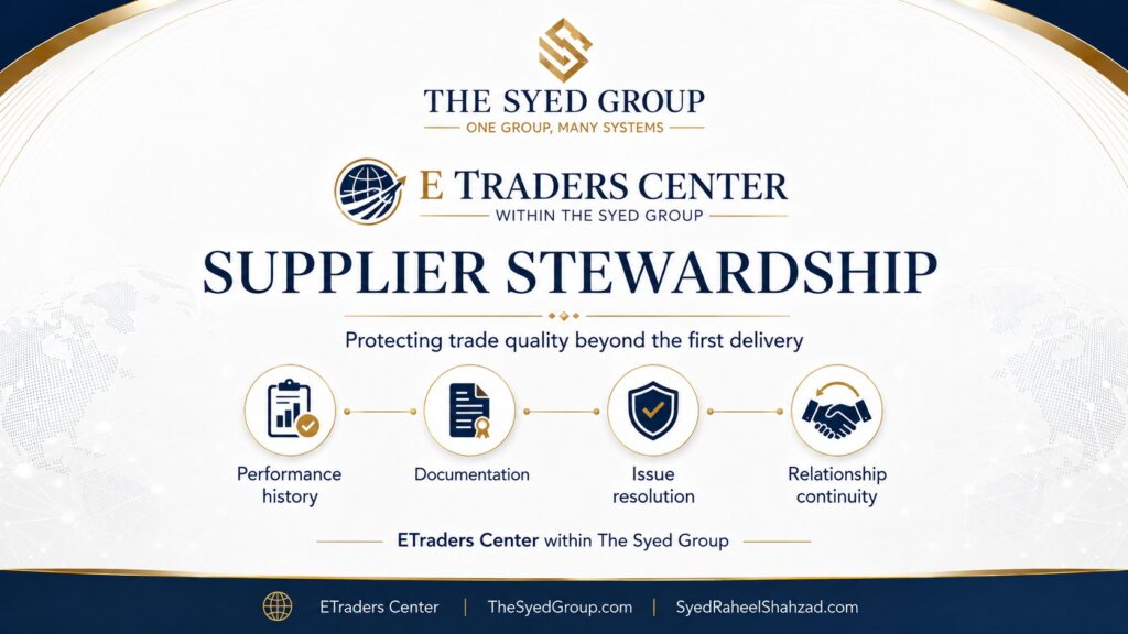 ETraders Center supplier stewardship within The Syed Group showing performance history, documentation, issue resolution and relationship continuity