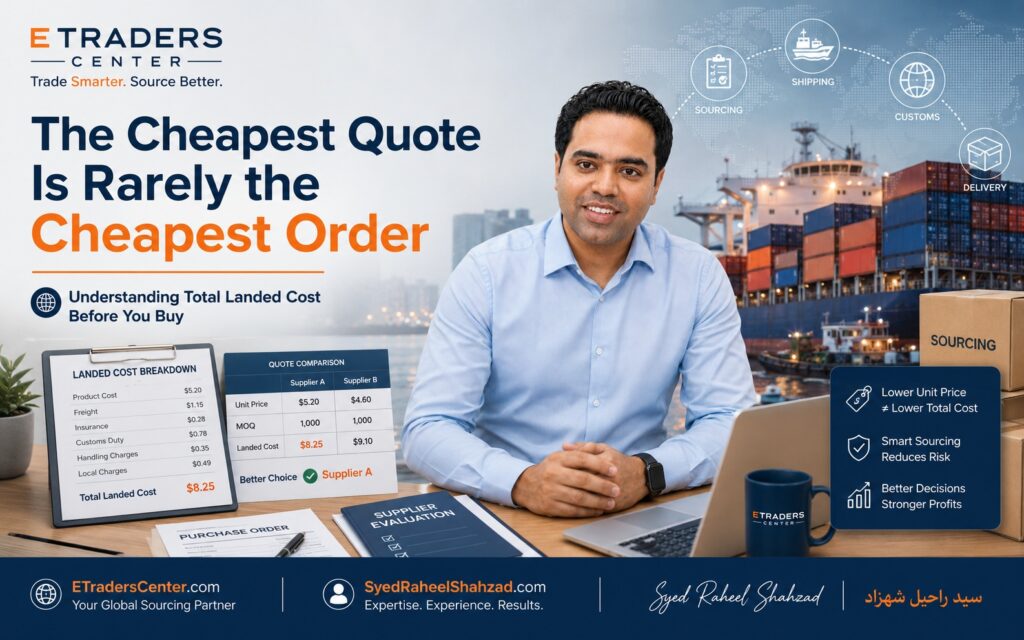ETraders Center featured image showing Syed Raheel Shahzad reviewing supplier quotations, landed cost, sourcing, shipping, customs and delivery costs