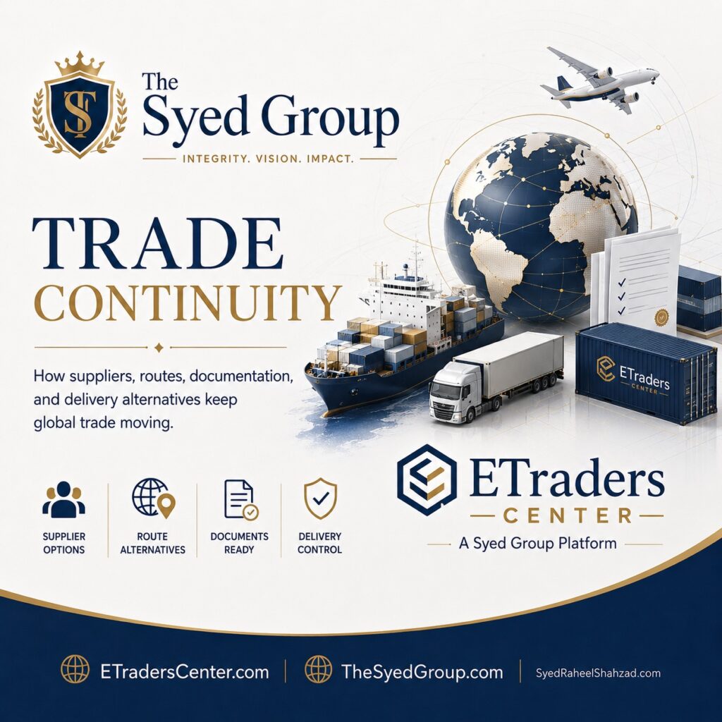 ETraders Center trade continuity within The Syed Group showing alternative suppliers, logistics routes, documents and delivery options