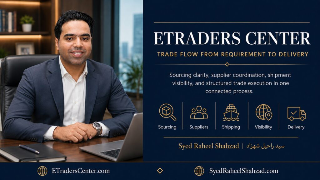 ETraders Center featured image with Syed Raheel Shahzad showing sourcing, suppliers, shipping, visibility and delivery across a structured trade process