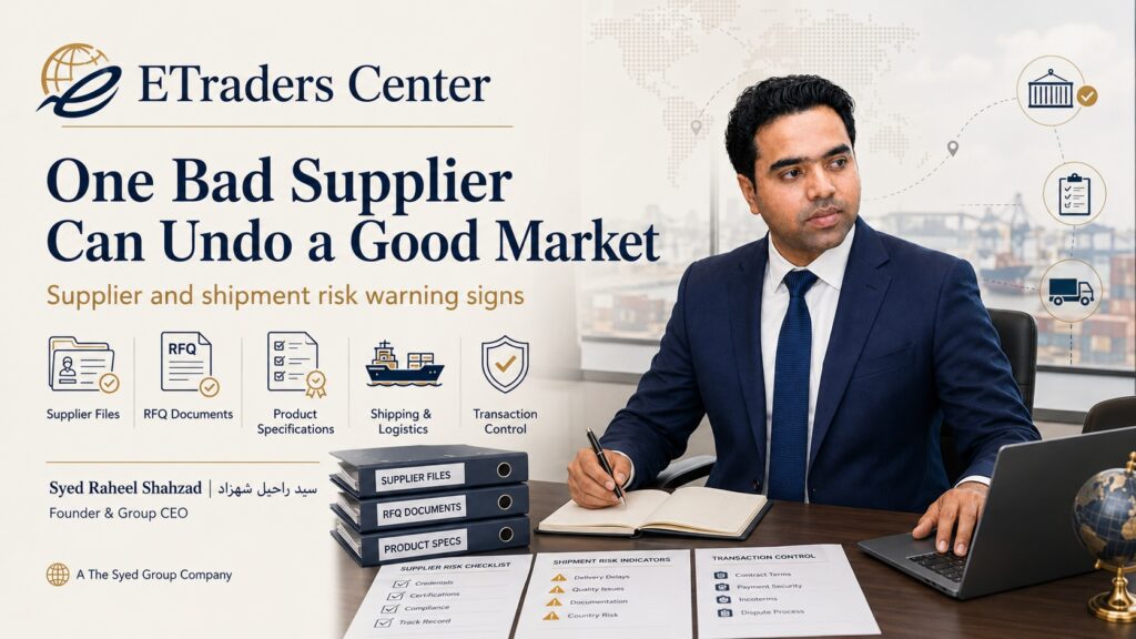 ETraders Center featured image with Syed Raheel Shahzad — سيد راحيل شهزاد — reviewing shipment delays, quality, documents and supplier exceptions