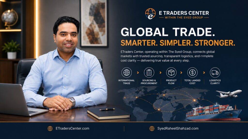 ETraders Center featured image showing trade, sourcing, logistics and wider ecosystem connection under Syed Raheel Shahzad