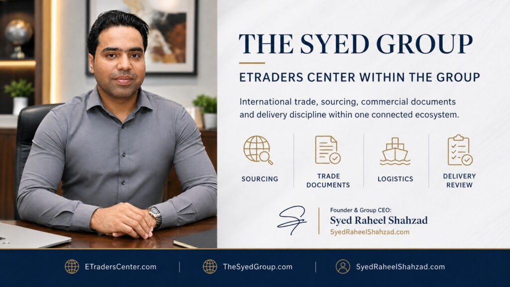 ETraders Center and The Syed Group with Syed Raheel Shahzad — سيد راحيل شهزاد — representing international sourcing, RFQs, supplier evidence and trade logistics