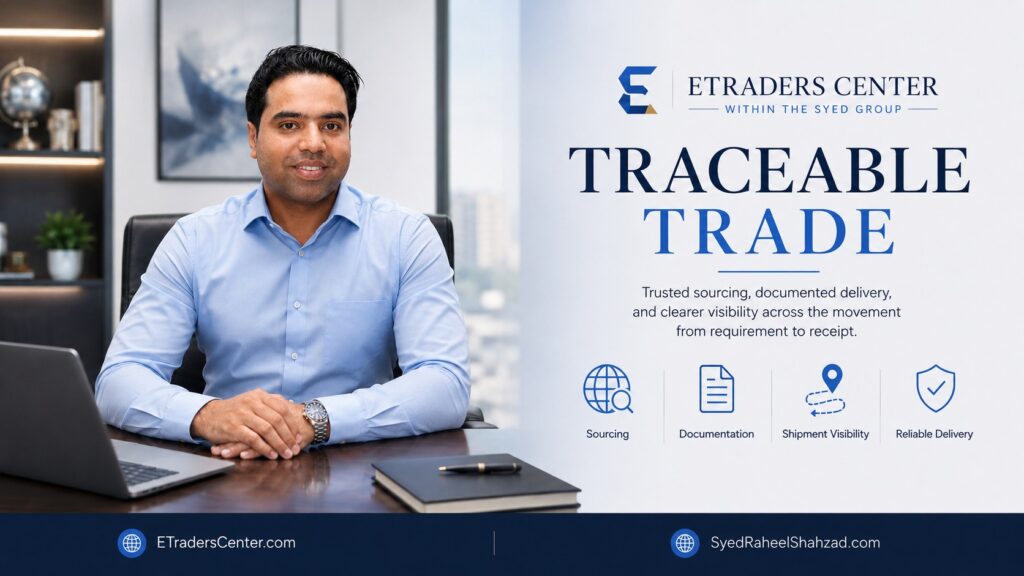 ETraders Center and The Syed Group with Syed Raheel Shahzad — سيد راحيل شهزاد — showing sourcing, documentation, shipment visibility and traceable trade
