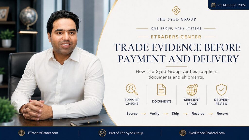 ETraders Center trade evidence with The Syed Group and Syed Raheel Shahzad — سيد راحيل شهزاد — showing supplier checks, documents, shipment tracing and delivery review