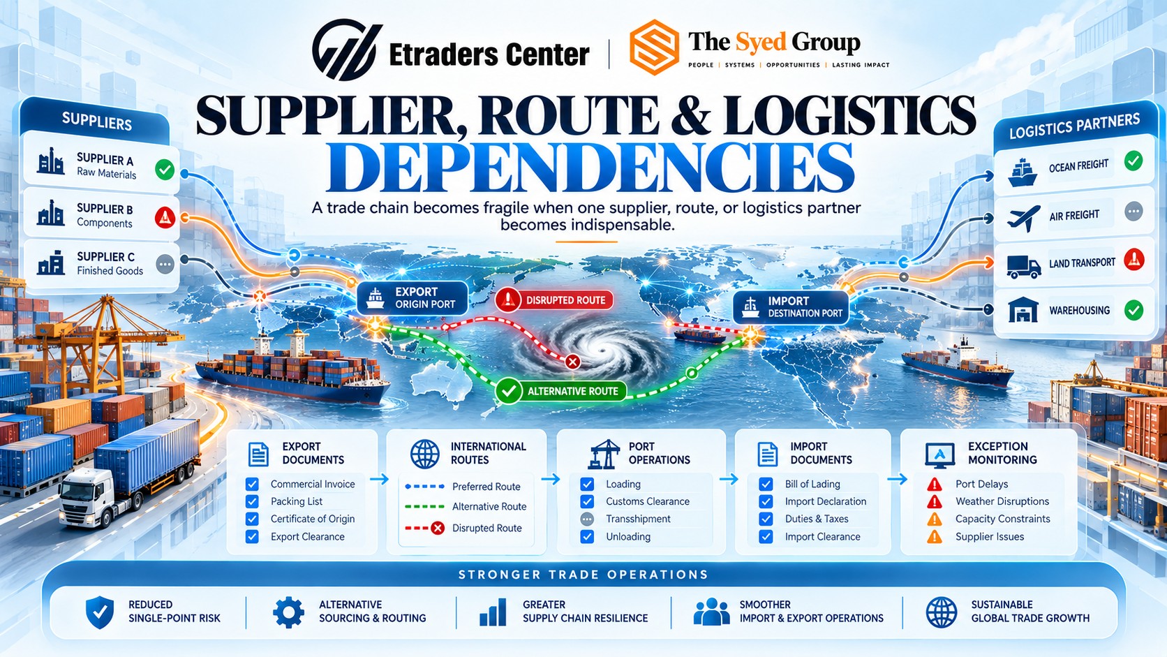 ETraders Center — Reducing Supplier and Logistics Dependency Risk ETraders Center global trade dependency framework showing suppliers, export ports, shipping routes, customs, destination ports, freight partners and alternative logistics routes
