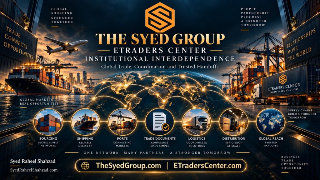 ETraders Center global trade network connecting sourcing, shipping, documents, logistics and distribution within The Syed Group ecosystem