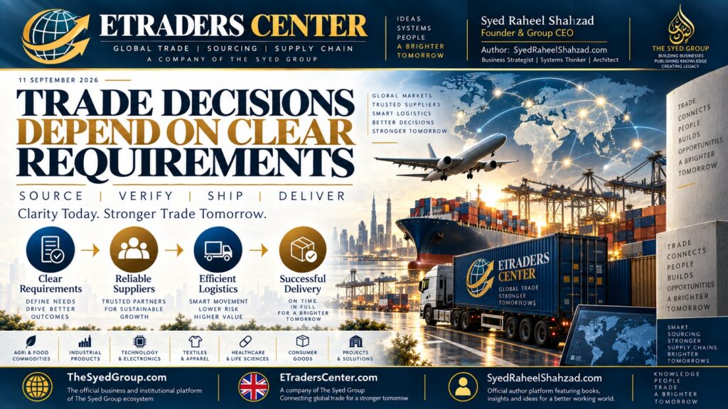ETraders Center global sourcing with clear requirements, supplier verification and trade documentation within The Syed Group ecosystem