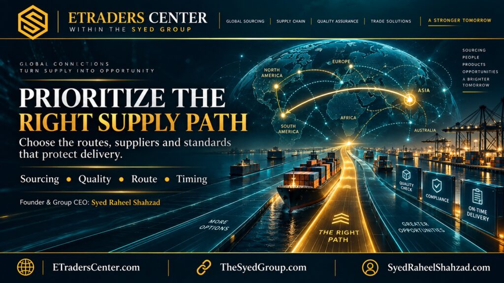 ETraders Center within The Syed Group showing supplier selection, quality, route and timing converging into the right supply path