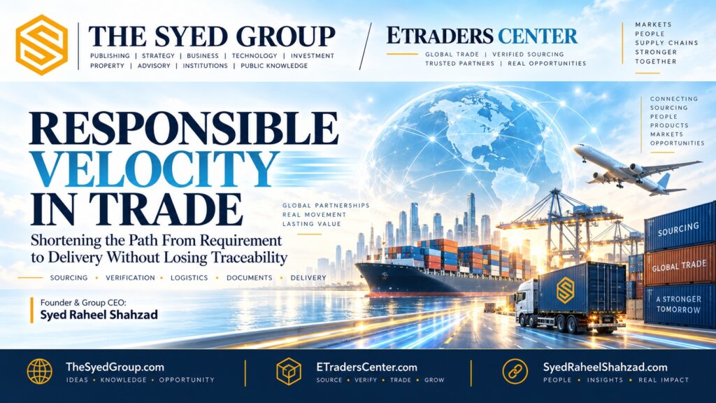 ETraders Center within The Syed Group showing sourcing, verification, logistics, documents and delivery across a faster traceable trade path
