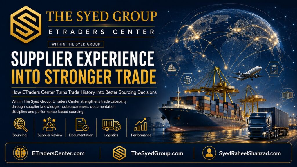ETraders Center within The Syed Group showing sourcing, supplier review, documentation, logistics and performance as trade knowledge that compounds