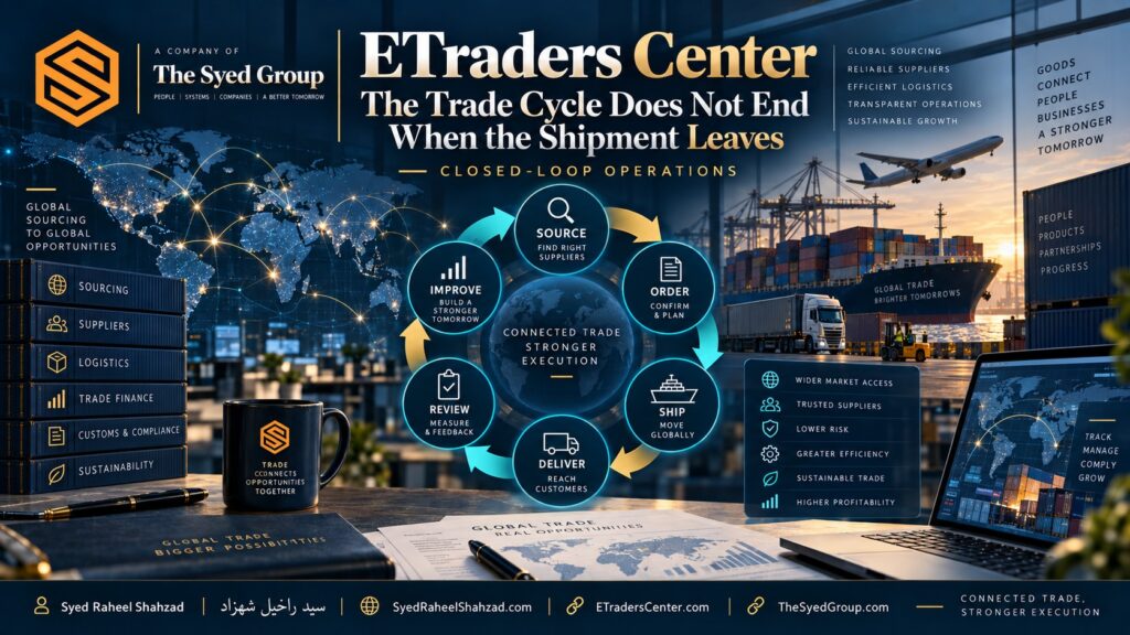 ETraders Center closed-loop trade cycle showing sourcing, suppliers, ordering, shipping, delivery, review and improvement within The Syed Group