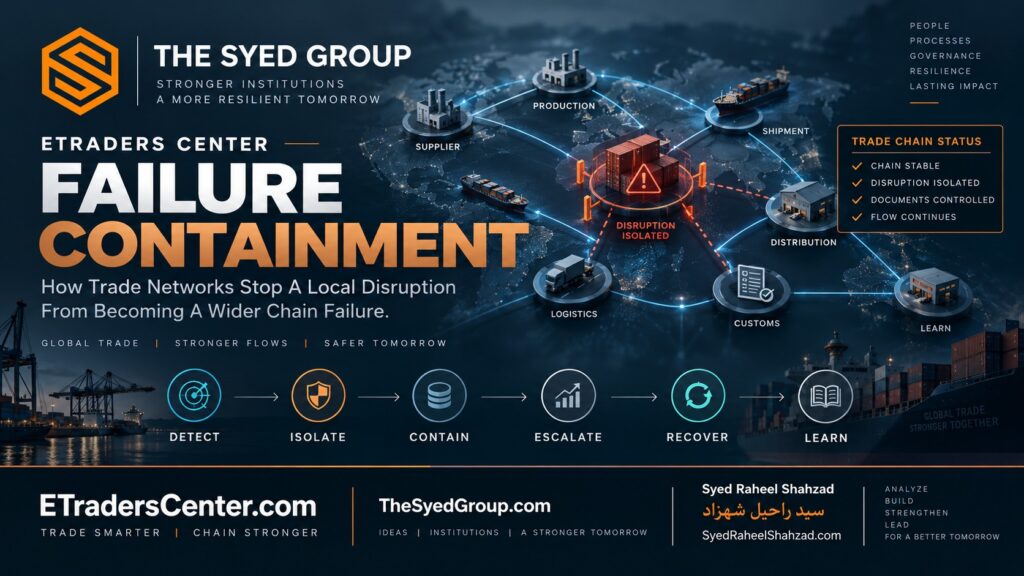 ETraders Center trade disruption containment across suppliers, production, shipment, customs, logistics and distribution within The Syed Group