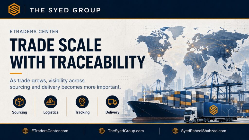 ETraders Center within The Syed Group showing sourcing, logistics, tracking and delivery as foundations of trade scale with traceability