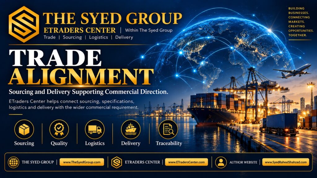 ETraders Center within The Syed Group strategic alignment showing sourcing, quality, logistics, delivery and traceability