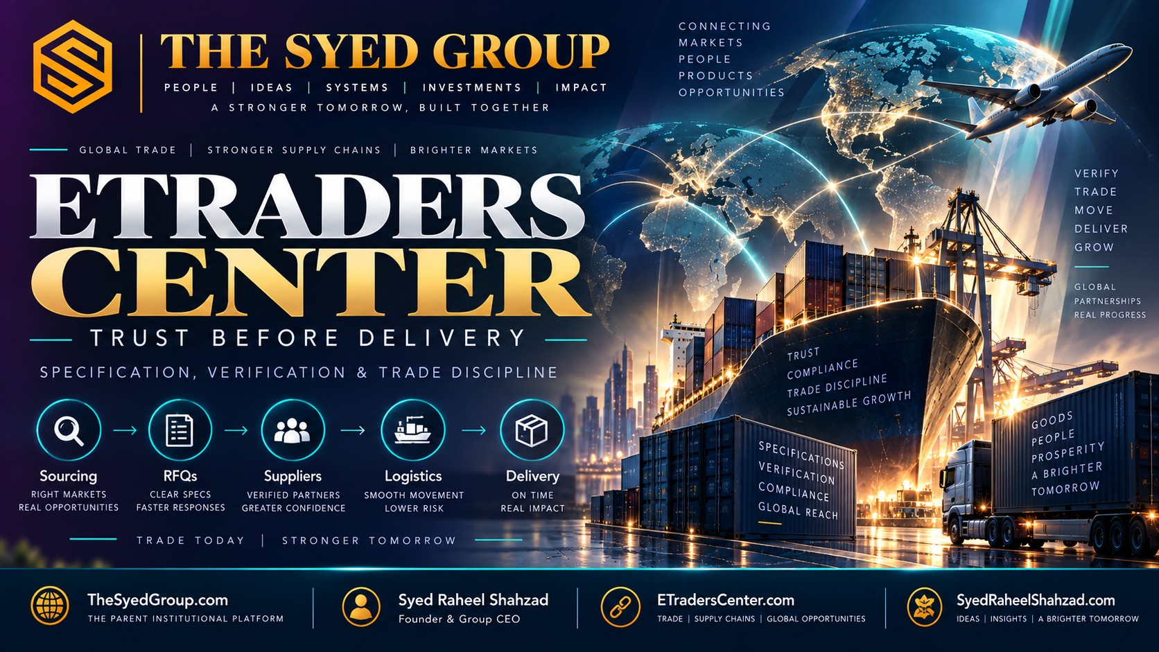 ETraders Center sourcing, RFQs, supplier verification and logistics building trust before delivery within The Syed Group ecosystem