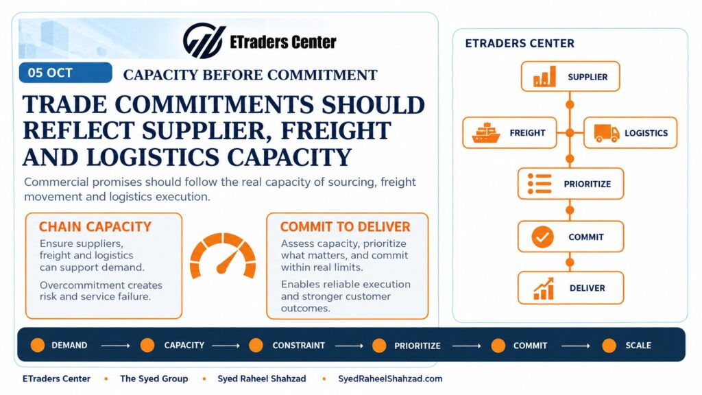 ETraders Center trade capacity framework showing suppliers, freight, logistics, customs, prioritization, commitment and international delivery